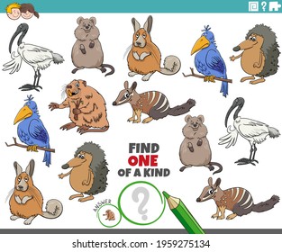 Cartoon illustration of find one of a kind picture educational game with funny animal characters