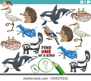 Cartoon illustration of find one of a kind picture educational game with wild animal characters