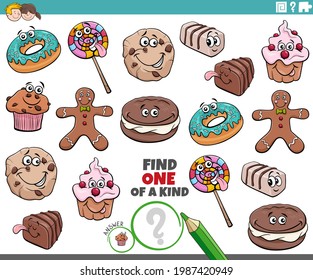 Cartoon illustration of find one of a kind picture educational game for children with comic sweet food characters