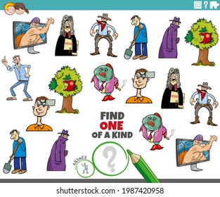 Cartoon illustration of find one of a kind picture educational task for children with comic characters