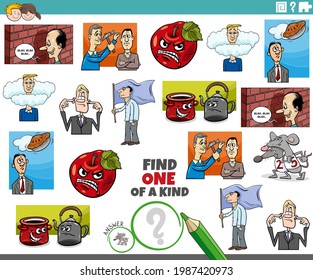 Cartoon illustration of find one of a kind picture educational task for children with comic characters and sayings