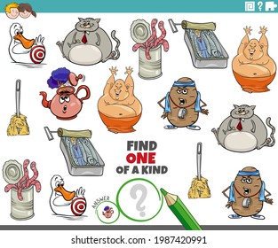 Cartoon illustration of find one of a kind picture educational game with comic characters