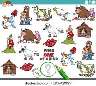 Cartoon illustration of find one of a kind picture educational task for children with comic characters and sayings or proverbs