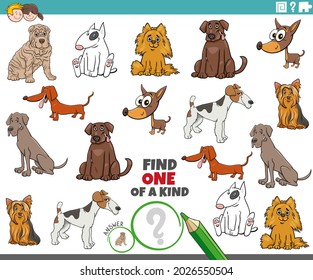 Cartoon illustration of find one of a kind picture educational task with funny purebred dogs animal characters