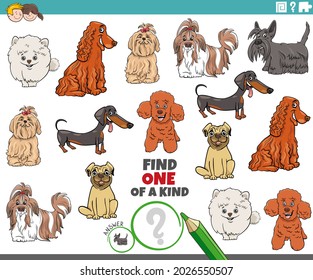 Cartoon illustration of find one of a kind picture educational game with funny purebred dogs animal characters