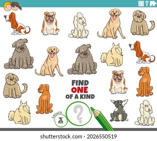 Cartoon illustration of find one of a kind picture educational task with purebred dogs comic animal characters