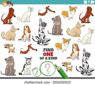 Cartoon illustration of find one of a kind picture educational game with purebred dogs comic animal characters