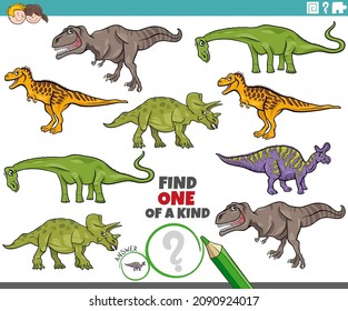 Cartoon illustration of find one of a kind picture educational task with dinosaurs prehistoric animal characters