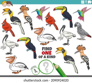 Cartoon Illustration Of Find One Of A Kind Picture Educational Game With Birds Animal Characters