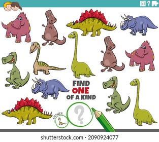 Cartoon illustration of find one of a kind picture educational game with dinosaurs prehistoric animal characters