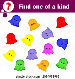 Cartoon Illustration of find one of a kind picture. Educational game with funny octopus