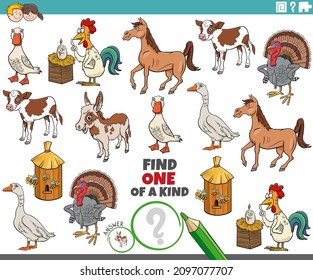 Cartoon illustration of find one of a kind picture educational game with funny farm animal characters