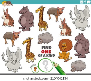 Cartoon Illustration Of Find One Of A Kind Picture Educational Game With Funny Animal Characters