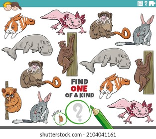 Cartoon Illustration Of Find One Of A Kind Picture Educational Game With Comic Animal Characters