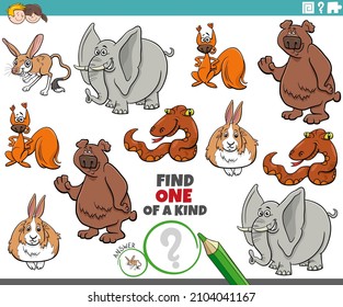 Cartoon illustration of find one of a kind picture educational game with funny wild animal characters