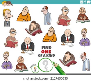 Cartoon illustration of find one of a kind picture educational task with comic men characters