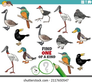 Cartoon Illustration Of Find One Of A Kind Picture Educational Game With Birds Animal Characters