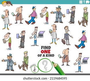Cartoon illustration of find one of a kind picture educational game with comic people characters