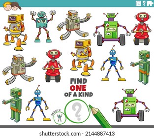 Cartoon illustration of find one of a kind picture educational task with funny robot characters