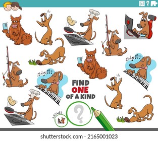 Cartoon illustration of find one of a kind picture educational game with comic dogs animal characters