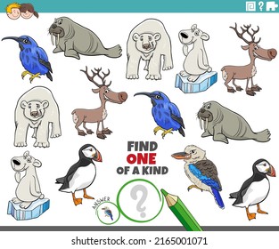 Cartoon Illustration Of Find One Of A Kind Picture Educational Game With Comic Animal Characters