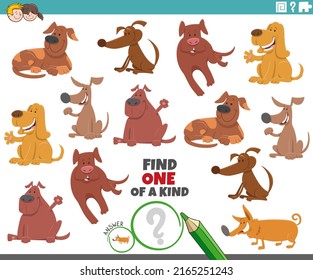 Cartoon Illustration Of Find One Of A Kind Picture Educational Task With Dogs Animal Characters