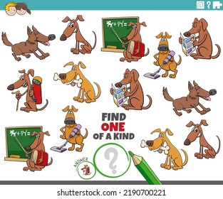 Cartoon Illustration Of Find One Of A Kind Picture Educational Task With Comic Dogs Animal Characters