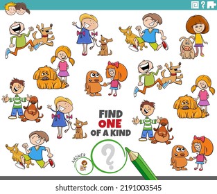 Cartoon illustration of find one of a kind picture educational game with children and their dogs