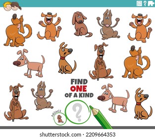 Cartoon Illustration Of Find One Of A Kind Picture Educational Game With Comic Dogs Animal Characters