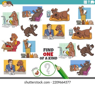 Cartoon Illustration Of Find One Of A Kind Picture Educational Task With Comic Dogs Animal Characters