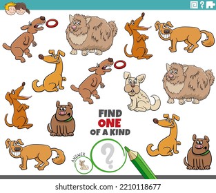 Cartoon Illustration Of Find One Of A Kind Picture Educational Game With Comic Dogs Animal Characters