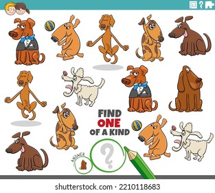 Cartoon Illustration Of Find One Of A Kind Picture Educational Task With Comic Dogs Animal Characters