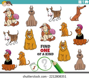 Cartoon Illustration Of Find One Of A Kind Picture Educational Game With Comic Dogs Animal Characters