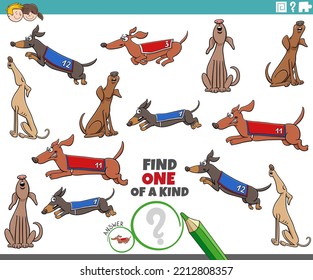 Cartoon Illustration Of Find One Of A Kind Picture Educational Task With Comic Dogs Animal Characters