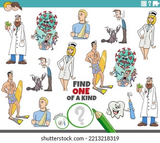 Cartoon illustration of find one of a kind picture educational game with health care and medical topics and characters