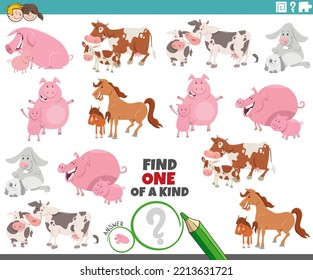 Cartoon illustration of find one of a kind picture educational task with comic farm animal characters with their babies