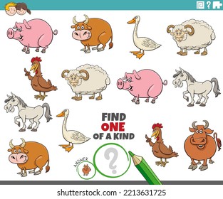 Cartoon Illustration Of Find One Of A Kind Picture Educational Game With Comic Farm Animal Characters