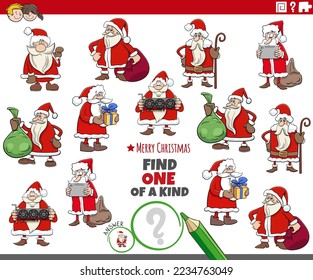 Cartoon illustration of find one of a kind picture educational task with Santa Clauses Christmas characters