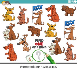 Cartoon illustration of find one of a kind picture educational activity with comic dogs animal characters