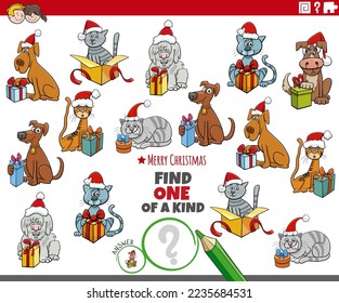 Cartoon illustration of find one of a kind picture educational activity with pets characters on Christmas time