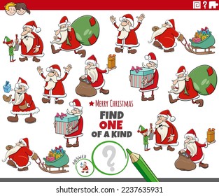 Cartoon illustration of find one of a kind picture educational game with Santa Claus Christmas characters