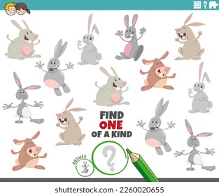 Cartoon illustration of find one of a kind picture educational game with rabbits animal characters