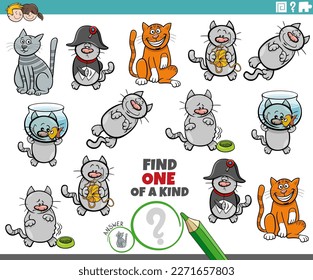 Cartoon illustration of find one of a kind picture educational game with cats characters