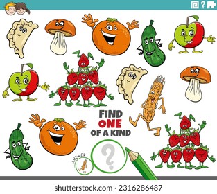 Cartoon illustration of find one of a kind picture educational game with food object characters