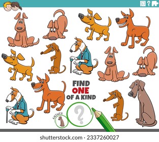 Cartoon illustration of find one of a kind picture educational task with comic dogs animal characters