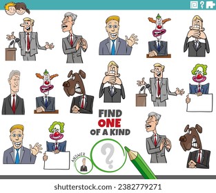 Cartoon illustration of find one of a kind picture educational activity with businessmen or politicians characters