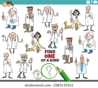 Cartoon illustration of find one of a kind picture educational game with scientists or inventors characters