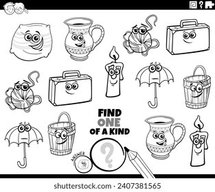 Cartoon illustration of find one of a kind picture educational activity with objects characters coloring page