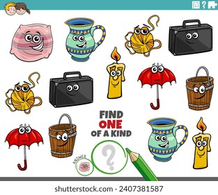Cartoon illustration of find one of a kind picture educational activity with objects characters
