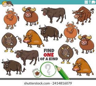 Cartoon illustration of find one of a kind picture educational activity with bulls farm animals